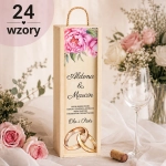 Drewniana skrzynka na wino z życzeniami i podpisem – personalizowany prezent z nadrukiem dla pary młodej na ślub i wesele