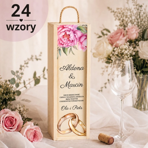 Personalizowana drewniana skrzynka na wino – prezent ślubny z życzeniami i podpisem, dostępnych 24 wzory