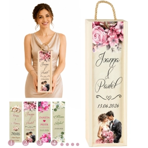 Packshot prezentujący prezent ślubny personalizowaną skrzynkę na wino jej dostępne wzory oraz skrzynkę trzymaną przez modelkę