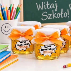 Personalizowane upominki dla nauczycieli - ozdobne słoiczki z miodem i białym materiałem. Super Nauczyciel.