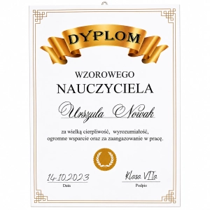 Dyplom Podziękowanie na Dzień Nauczyciela z imienną personalizacją i podpisem, białe tło