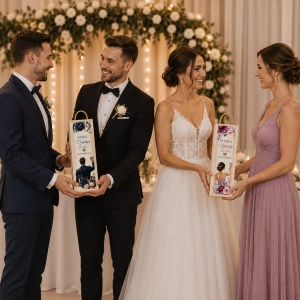 Para młoda wręczająca personalizowane skrzynki na wino w podziękowaniu dla świadków